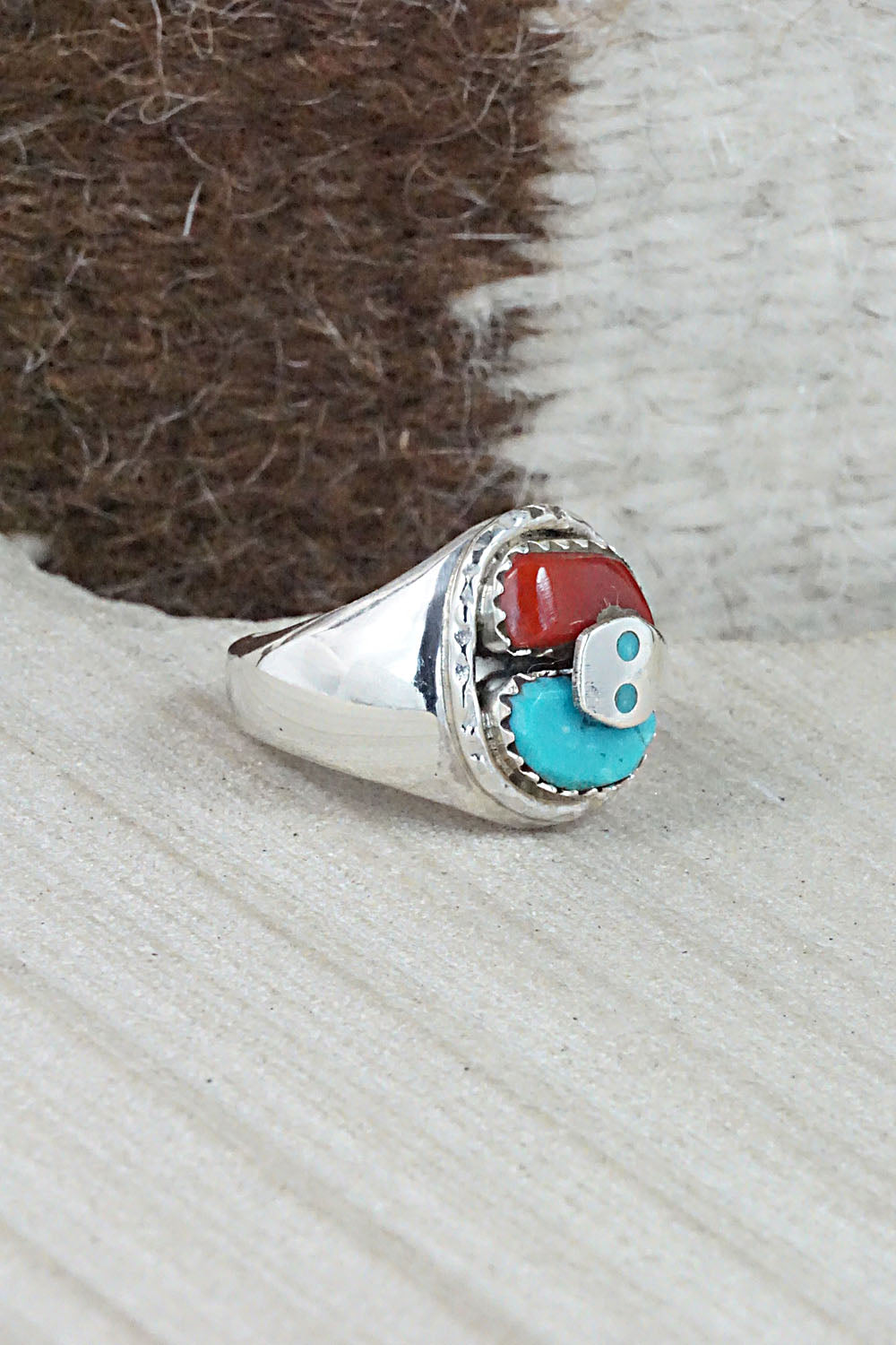 Turquoise, Coral & Sterling Silver Ring - Joy Calavaza - Size 6.5