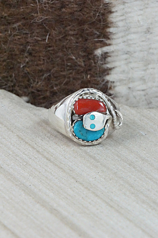 Turquoise, Coral & Sterling Silver Ring - Joy Calavaza - Size 8.5