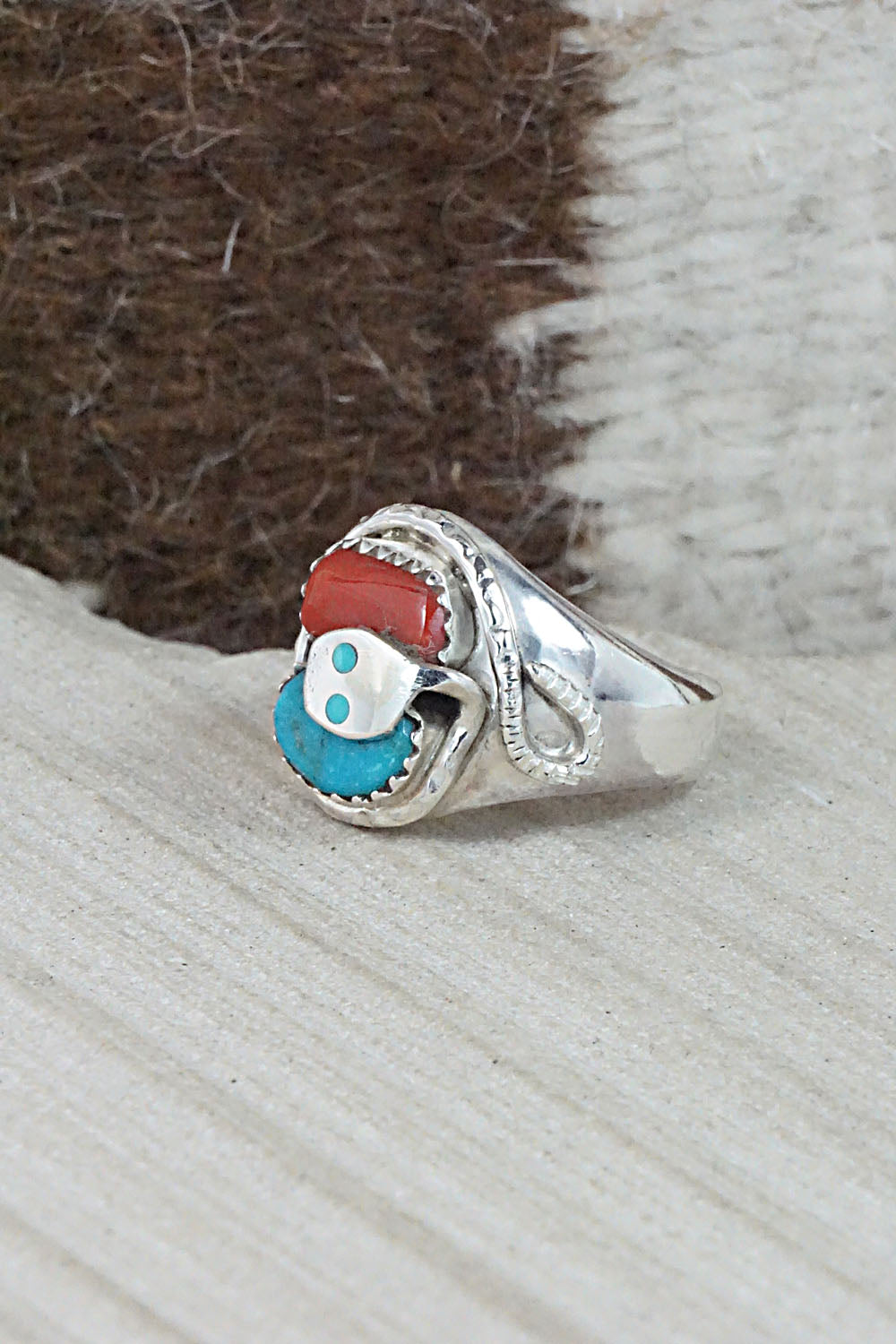 Turquoise, Coral & Sterling Silver Ring - Joy Calavaza - Size 8.5