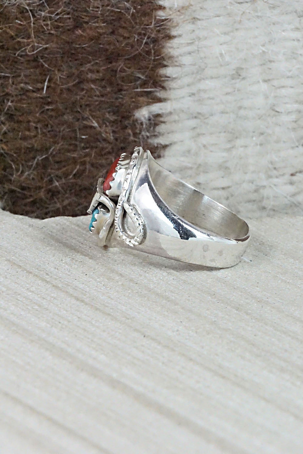 Turquoise, Coral & Sterling Silver Ring - Joy Calavaza - Size 8.5