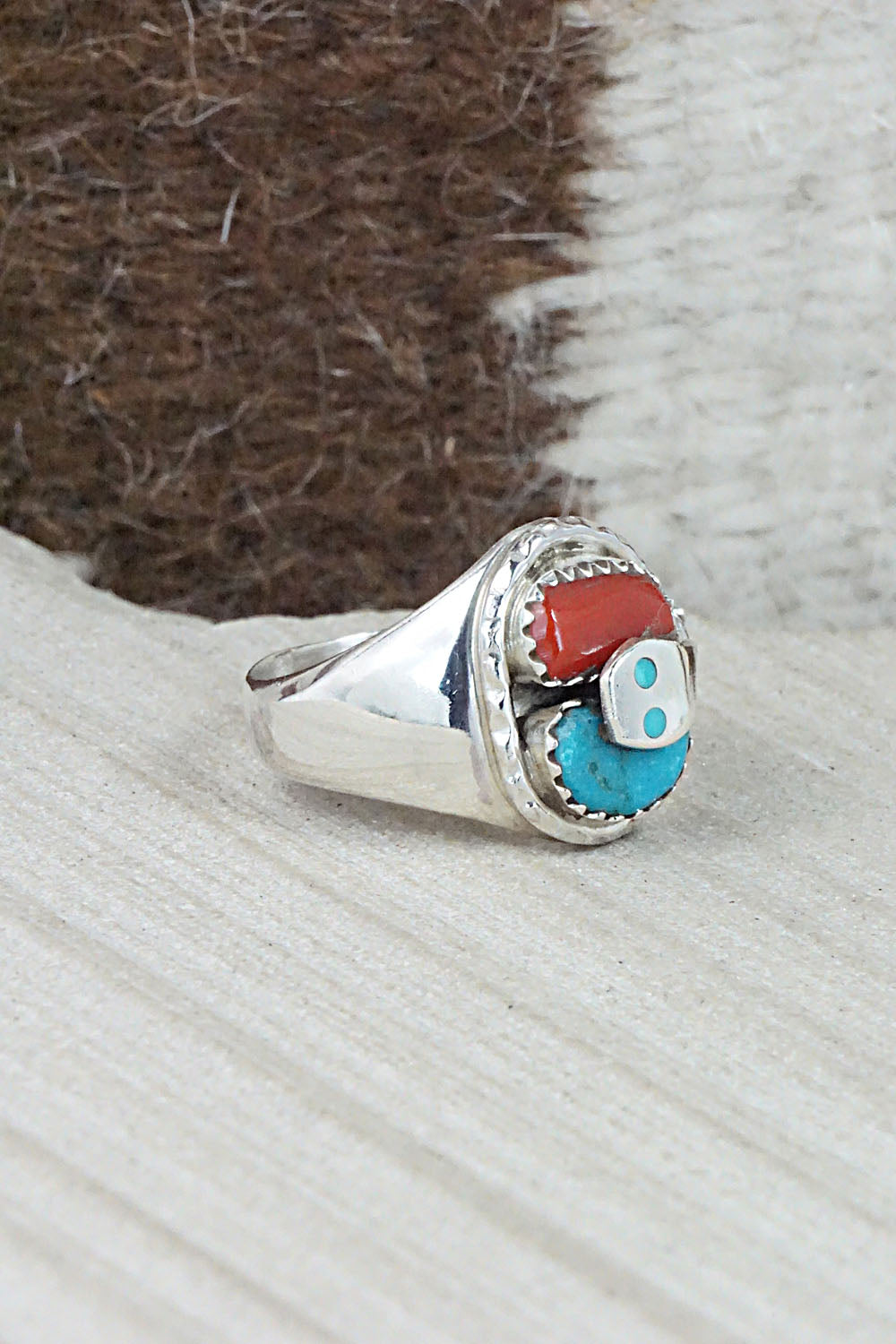 Turquoise, Coral & Sterling Silver Ring - Joy Calavaza - Size 8.5