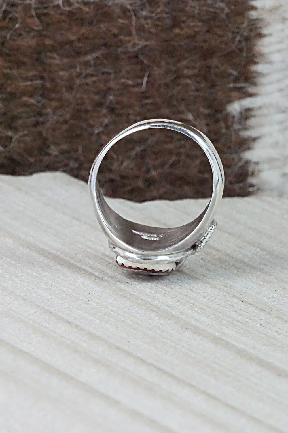 Turquoise, Coral & Sterling Silver Ring - Joy Calavaza - Size 8.5