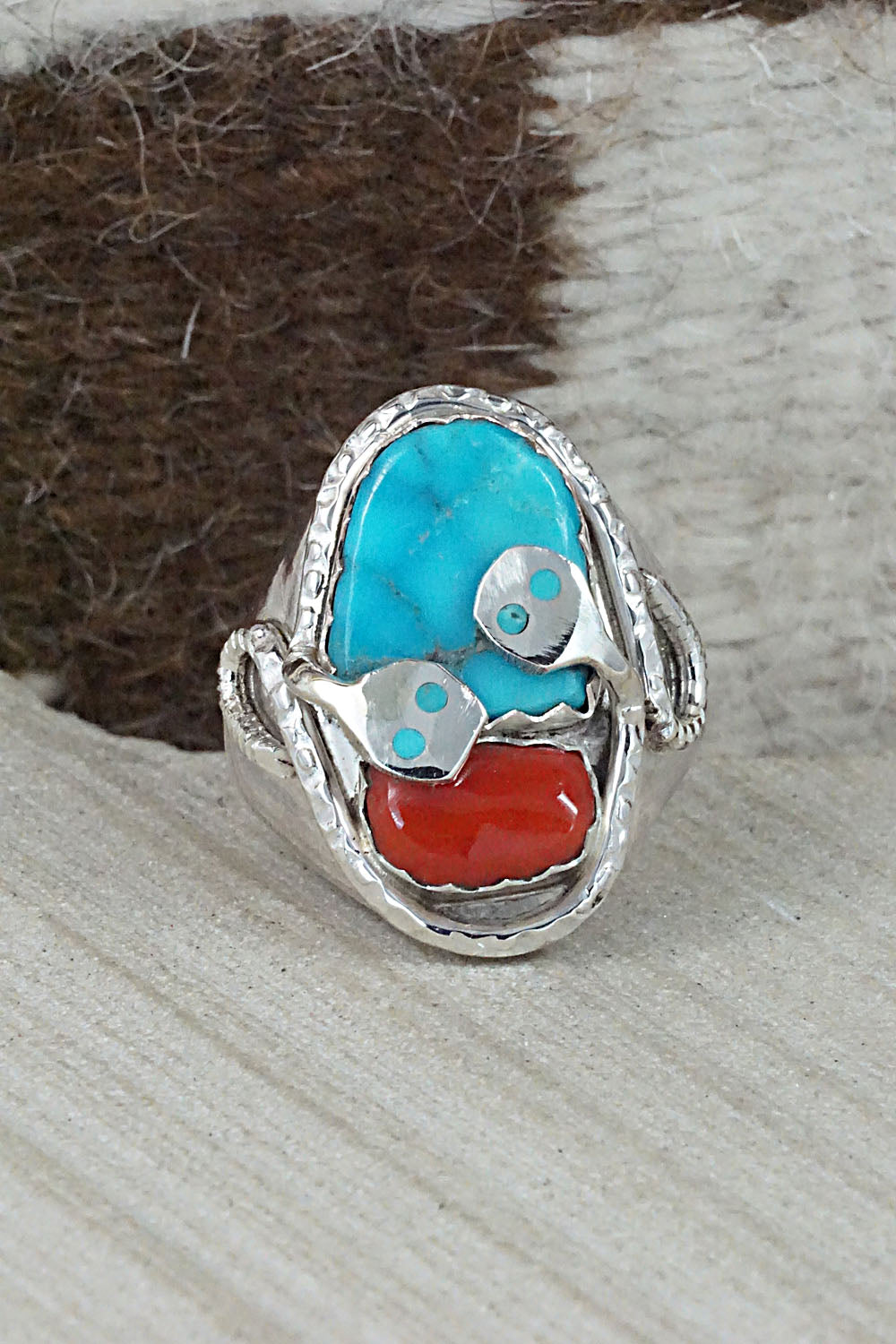 Turquoise, Coral & Sterling Silver Ring - Joy Calavaza - Size 10