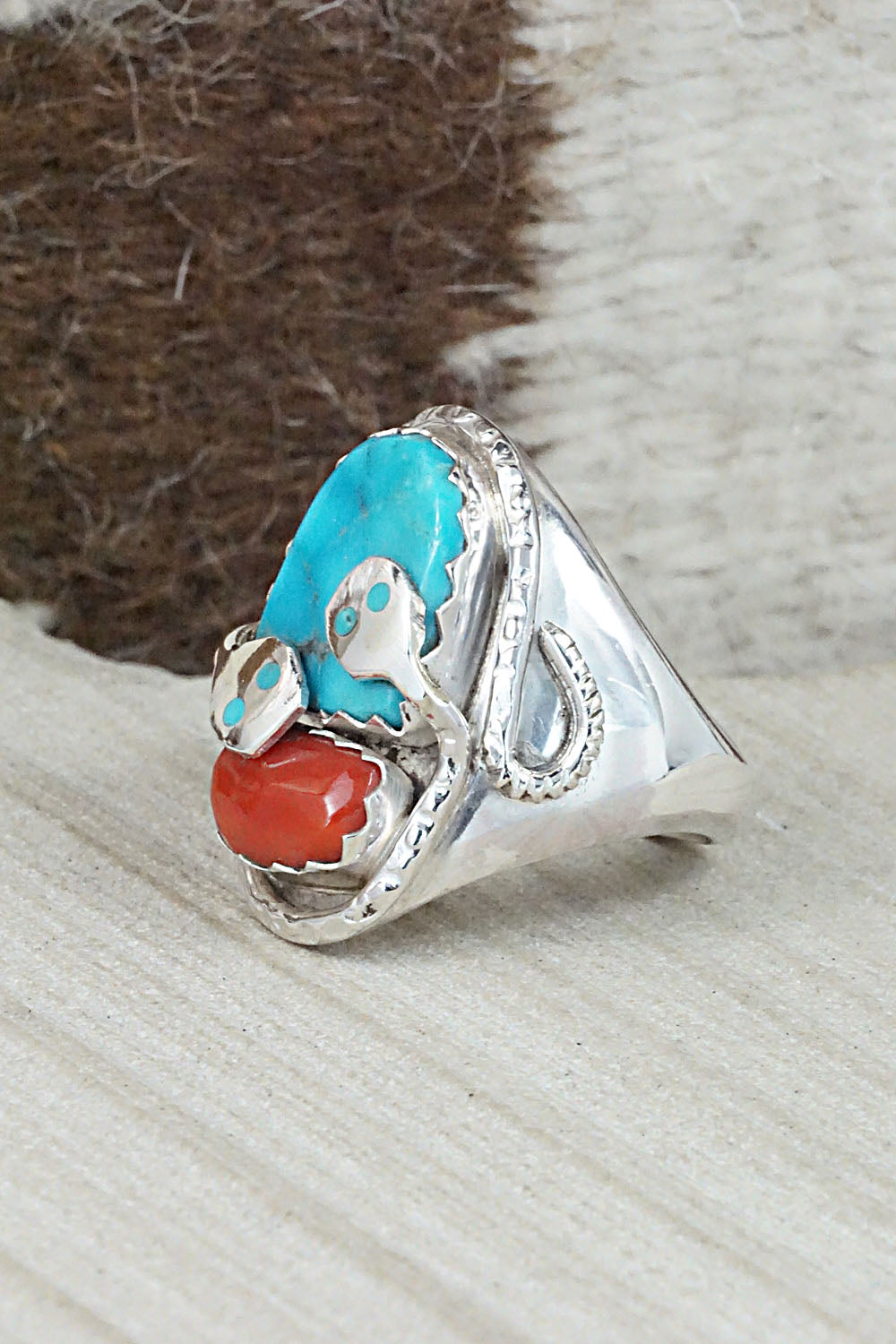 Turquoise, Coral & Sterling Silver Ring - Joy Calavaza - Size 10