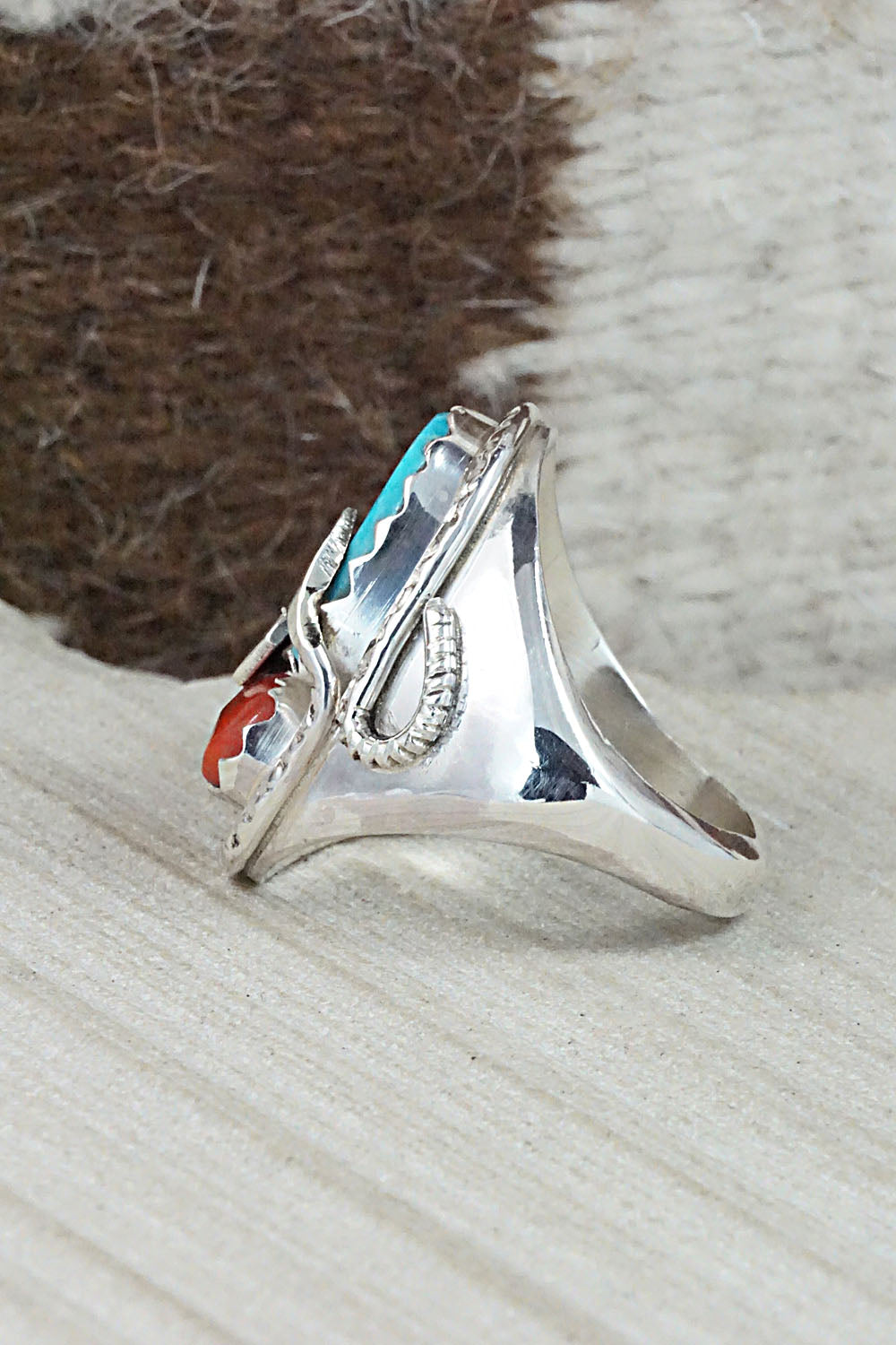 Turquoise, Coral & Sterling Silver Ring - Joy Calavaza - Size 10