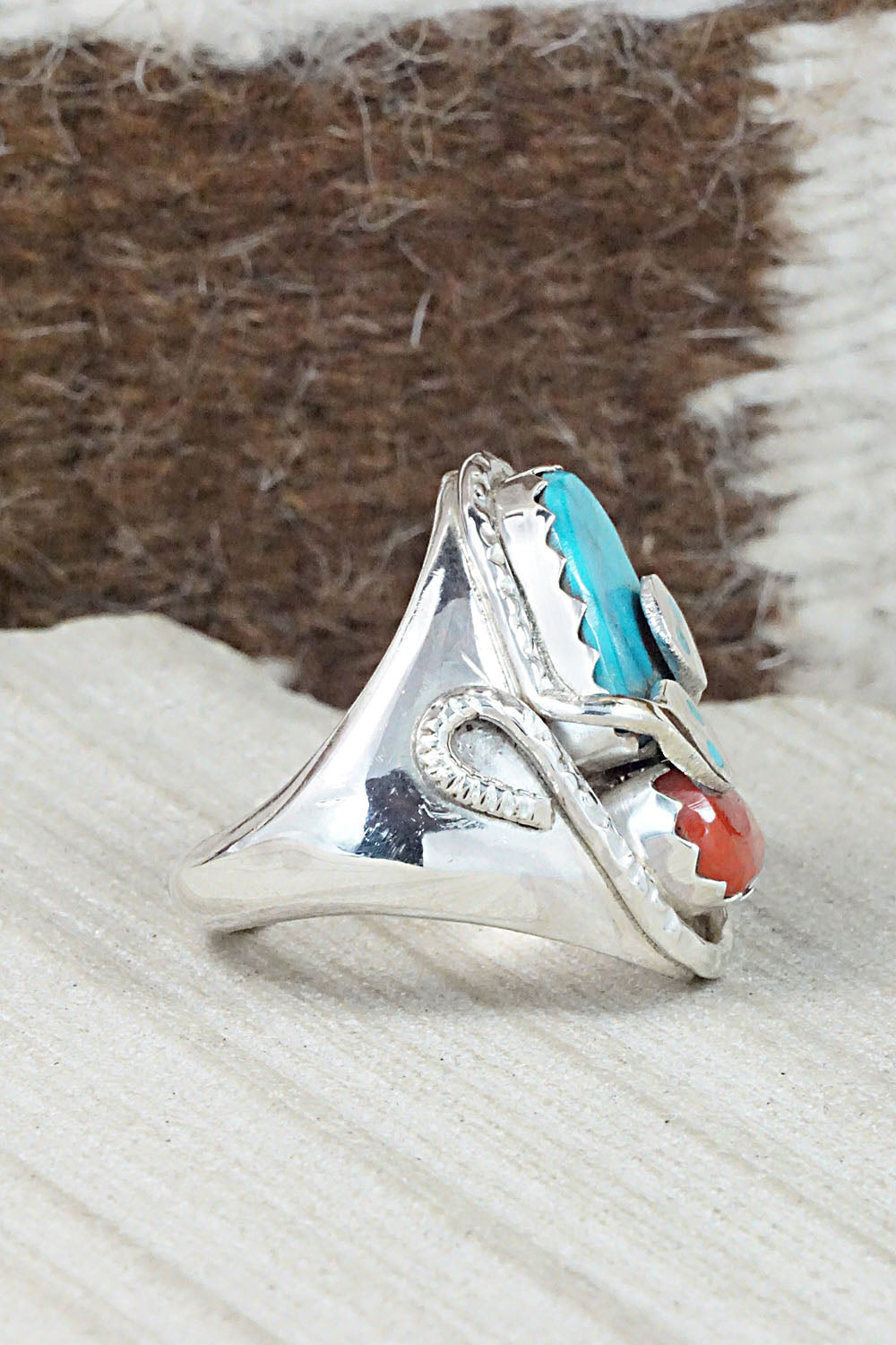 Turquoise, Coral & Sterling Silver Ring - Joy Calavaza - Size 10