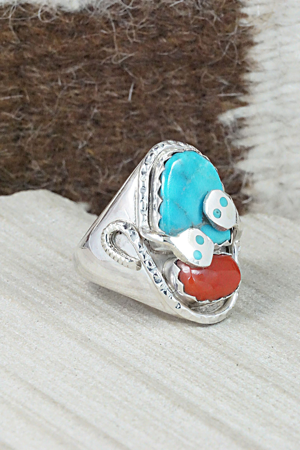 Turquoise, Coral & Sterling Silver Ring - Joy Calavaza - Size 10