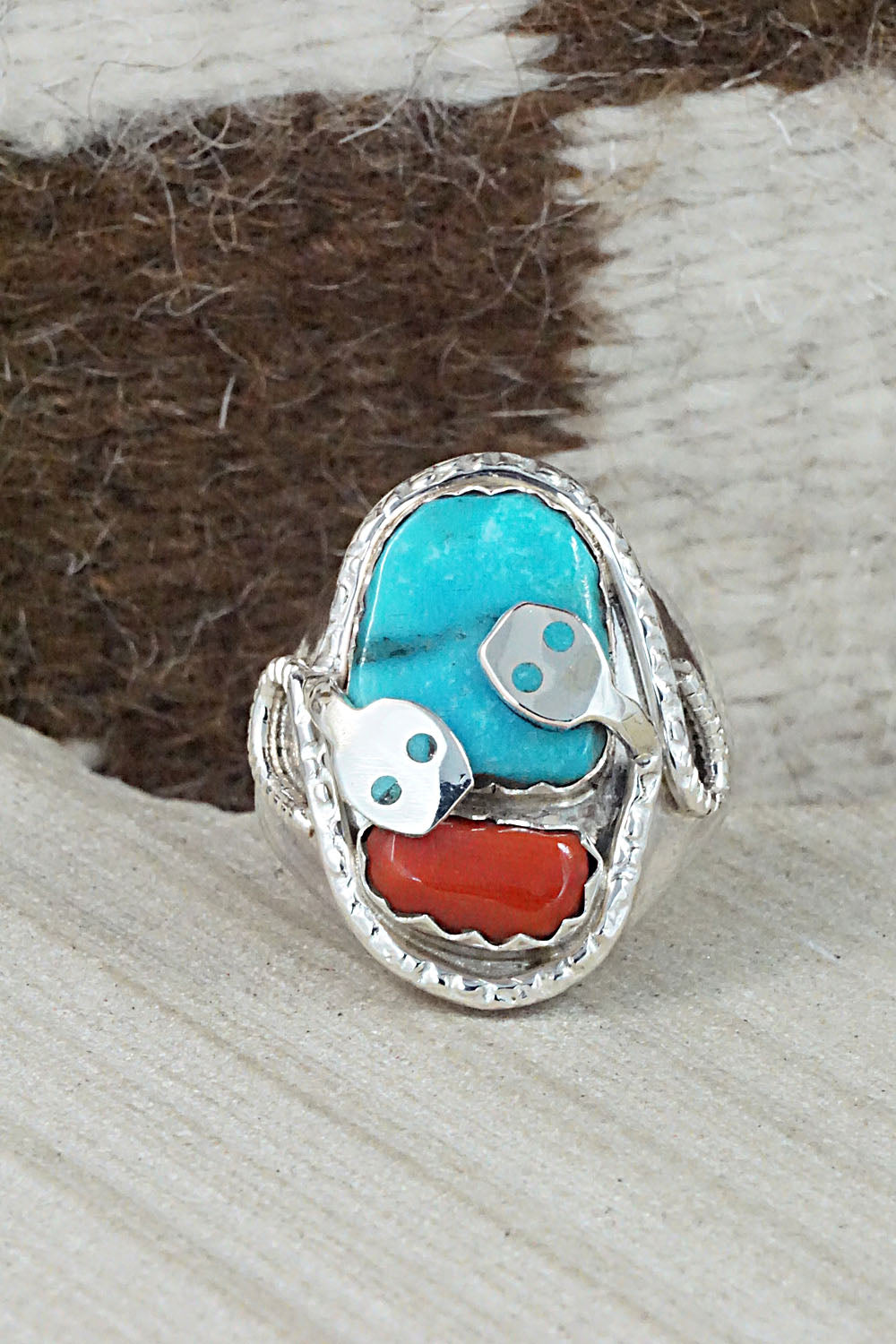 Turquoise, Coral & Sterling Silver Ring - Joy Calavaza - Size 11