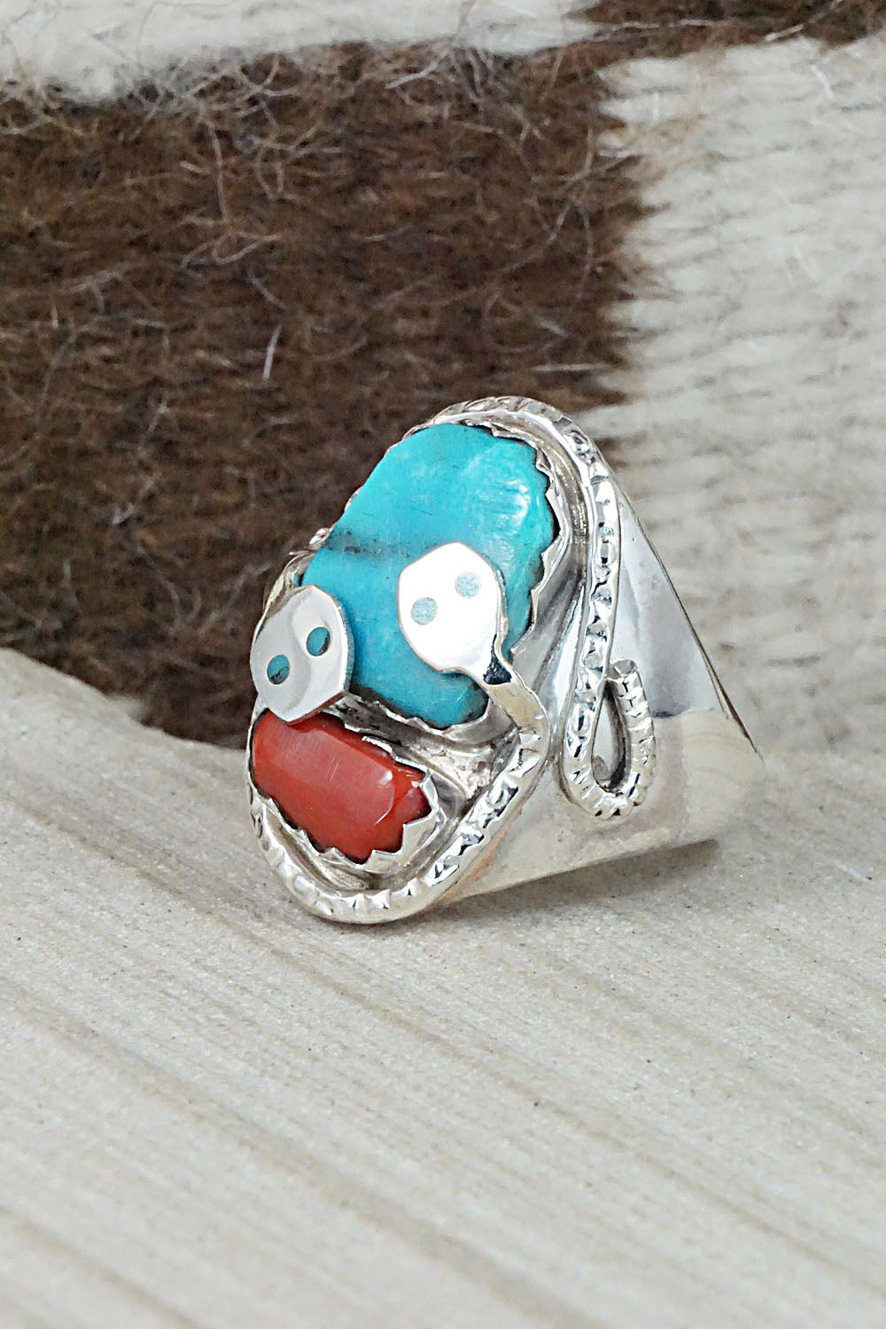 Turquoise, Coral & Sterling Silver Ring - Joy Calavaza - Size 11