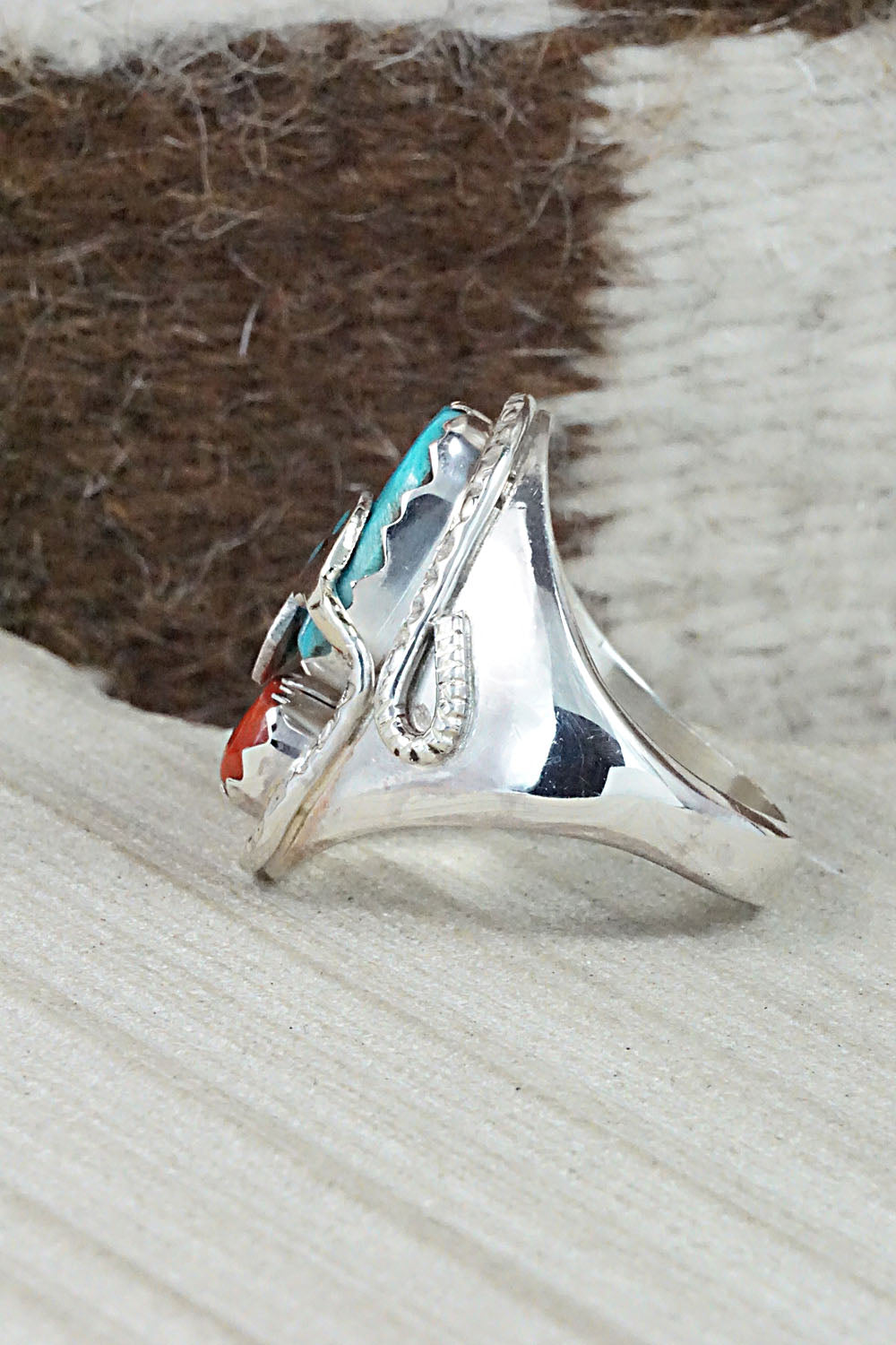 Turquoise, Coral & Sterling Silver Ring - Joy Calavaza - Size 11