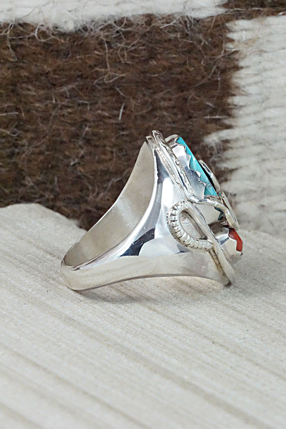 Turquoise, Coral & Sterling Silver Ring - Joy Calavaza - Size 11