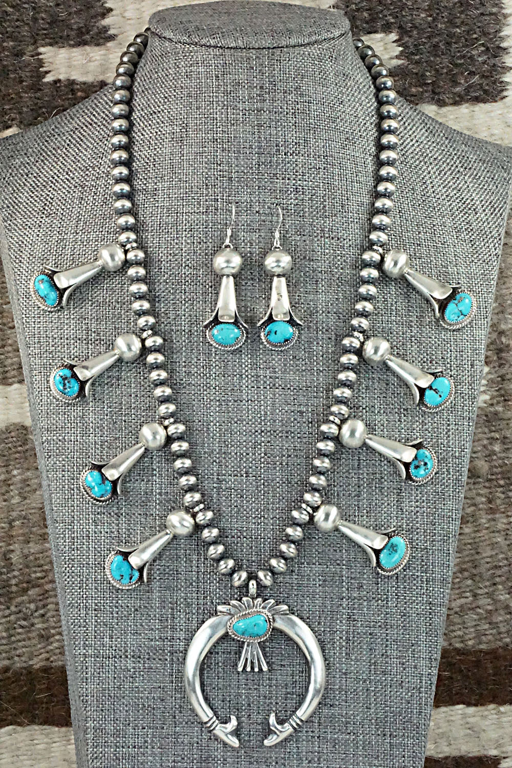Turquoise & Sterling Silver Squash Blossom Necklace and Earrings - Derrick Gordon Jr.