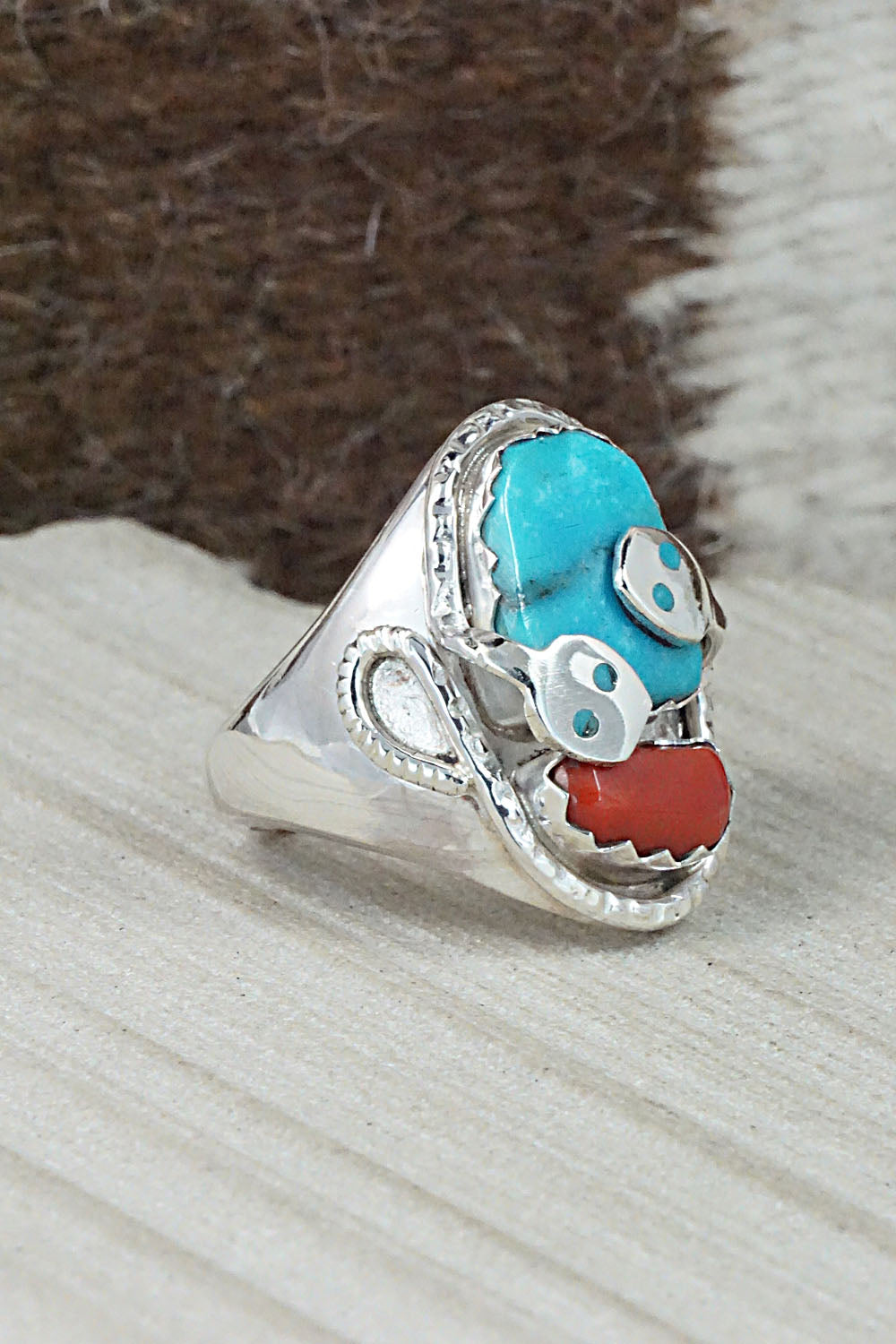Turquoise, Coral & Sterling Silver Ring - Joy Calavaza - Size 11