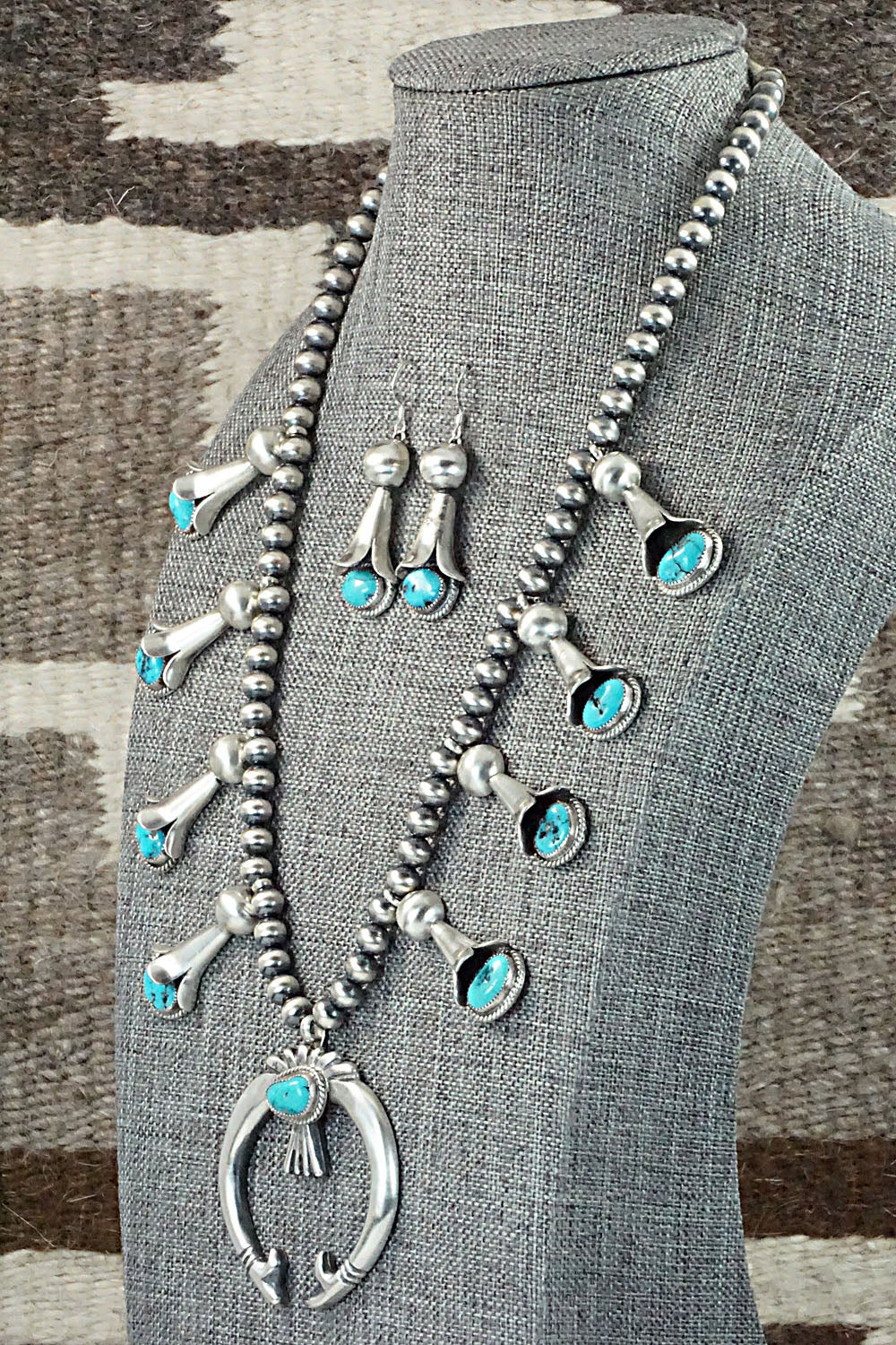 Turquoise & Sterling Silver Squash Blossom Necklace and Earrings - Derrick Gordon Jr.
