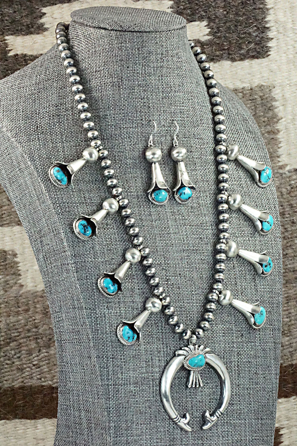 Turquoise & Sterling Silver Squash Blossom Necklace and Earrings - Derrick Gordon Jr.