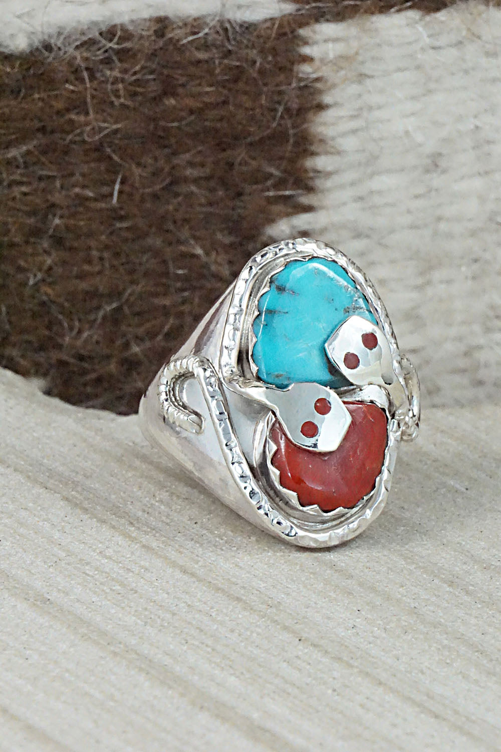 Turquoise, Coral & Sterling Silver Ring - Joy Calavaza - Size 10