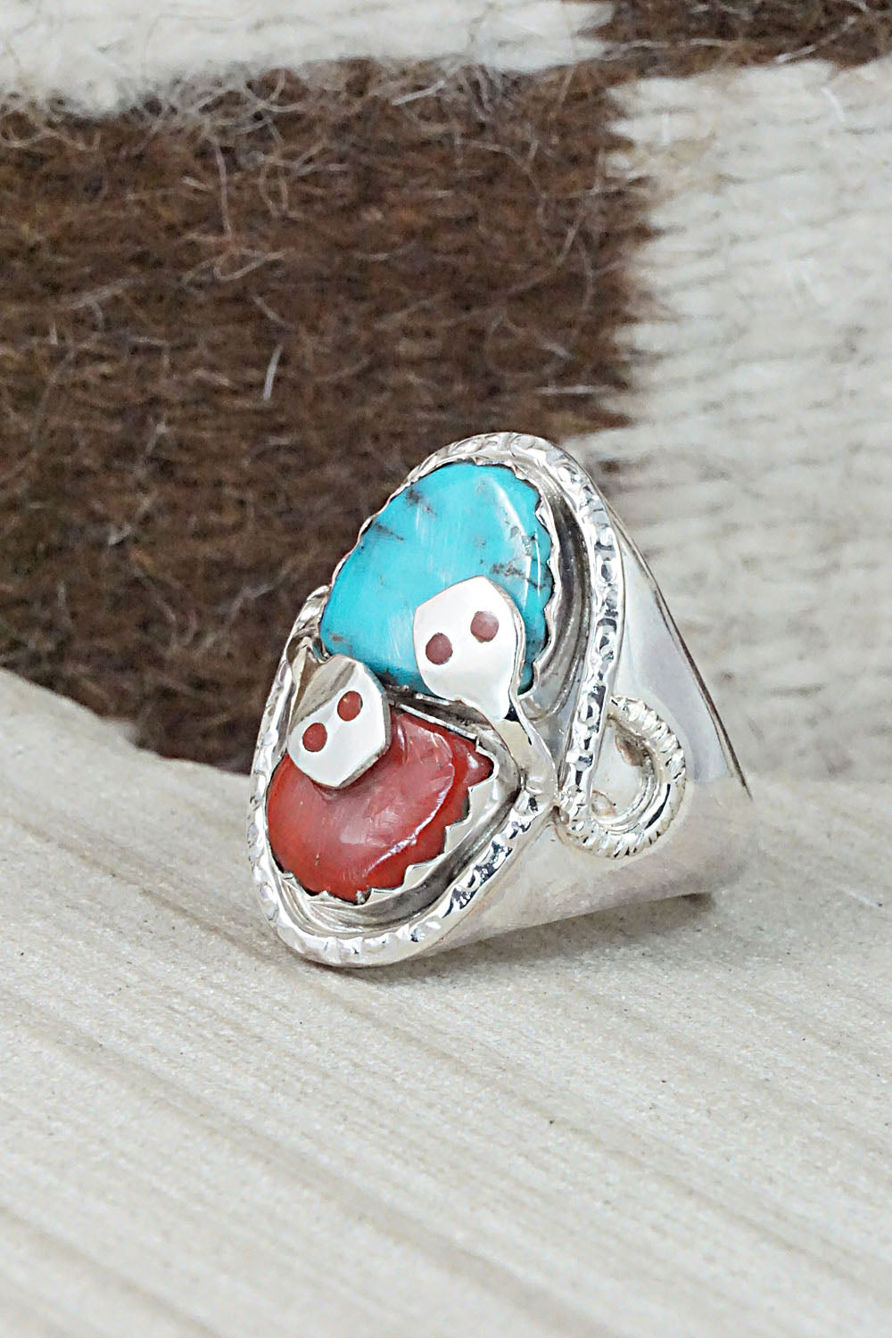 Turquoise, Coral & Sterling Silver Ring - Joy Calavaza - Size 10