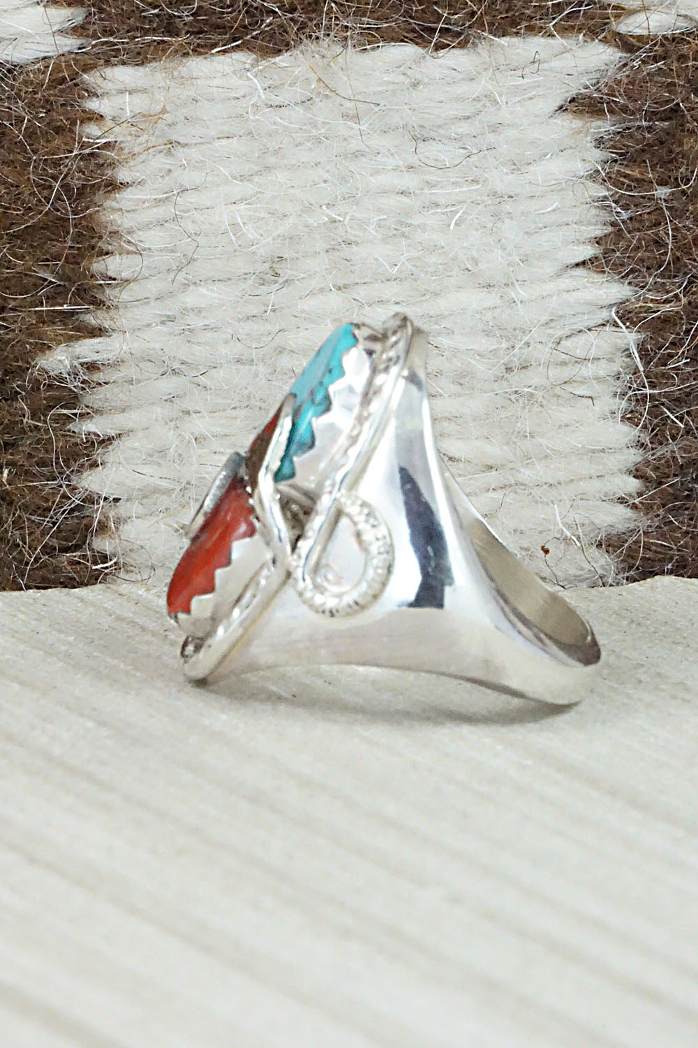 Turquoise, Coral & Sterling Silver Ring - Joy Calavaza - Size 10