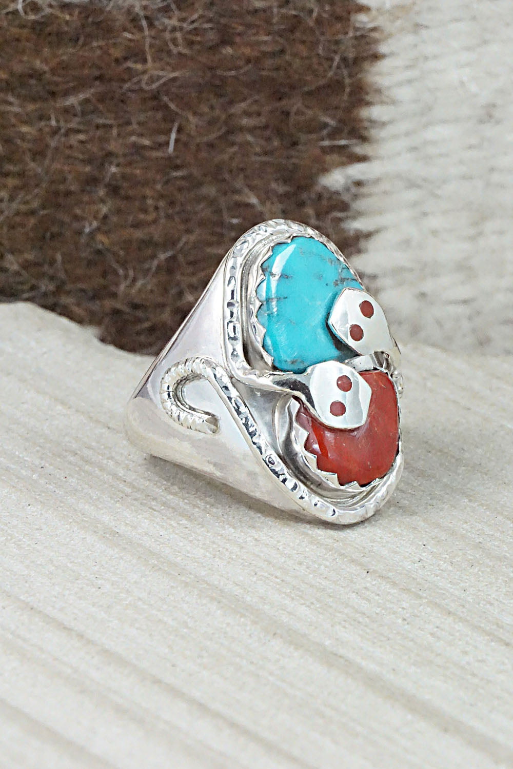 Turquoise, Coral & Sterling Silver Ring - Joy Calavaza - Size 10