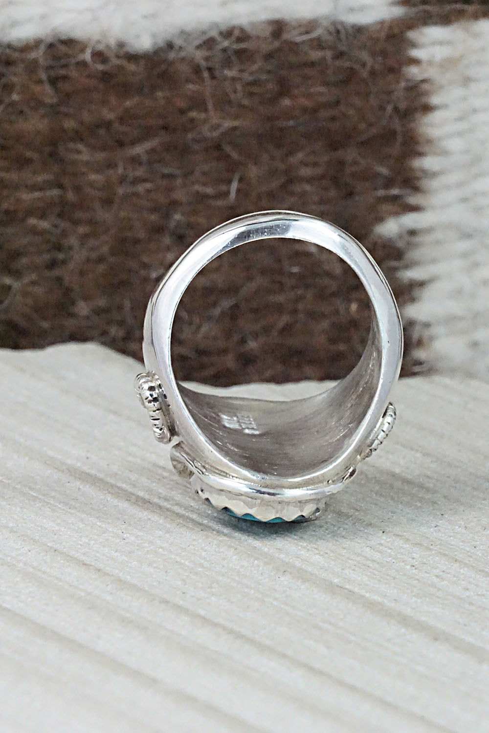 Turquoise, Coral & Sterling Silver Ring - Joy Calavaza - Size 10