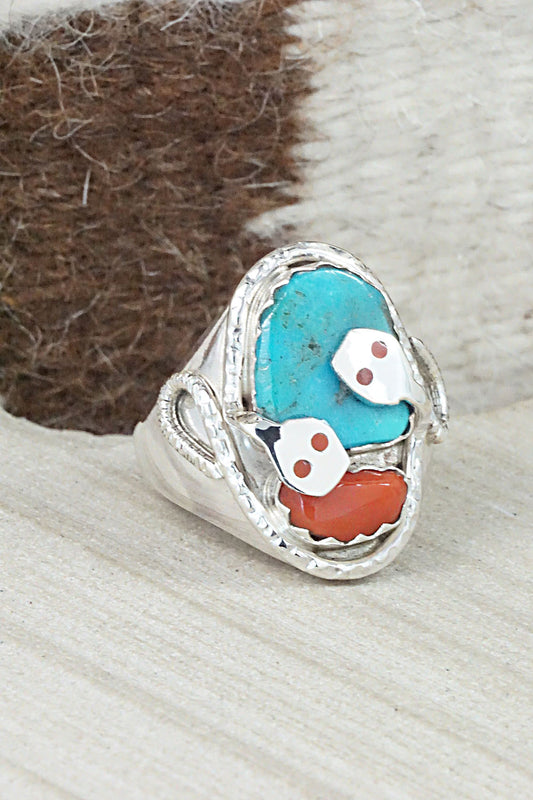 Turquoise, Coral & Sterling Silver Ring - Joy Calavaza - Size 12