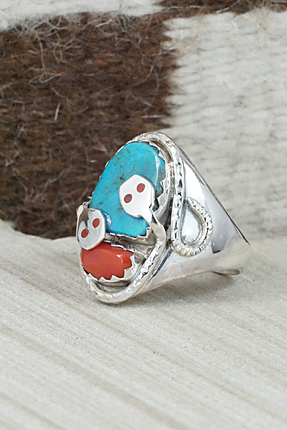 Turquoise, Coral & Sterling Silver Ring - Joy Calavaza - Size 12