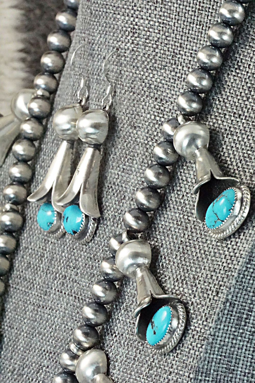 Turquoise & Sterling Silver Squash Blossom Necklace and Earrings - Derrick Gordon Jr.