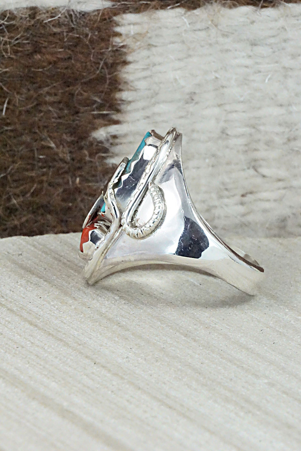 Turquoise, Coral & Sterling Silver Ring - Joy Calavaza - Size 12