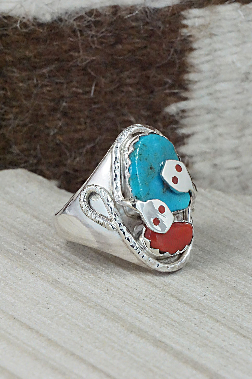 Turquoise, Coral & Sterling Silver Ring - Joy Calavaza - Size 12