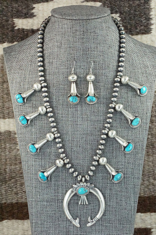 Turquoise & Sterling Silver Squash Blossom Necklace and Earrings - Derrick Gordon Jr.