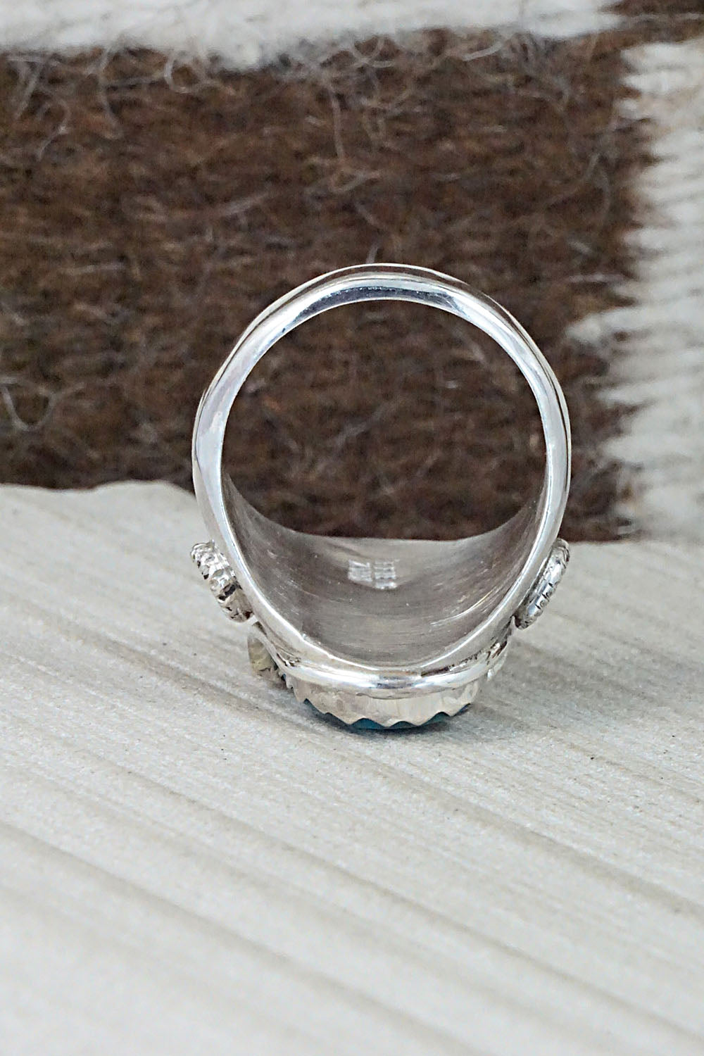 Turquoise, Coral & Sterling Silver Ring - Joy Calavaza - Size 12