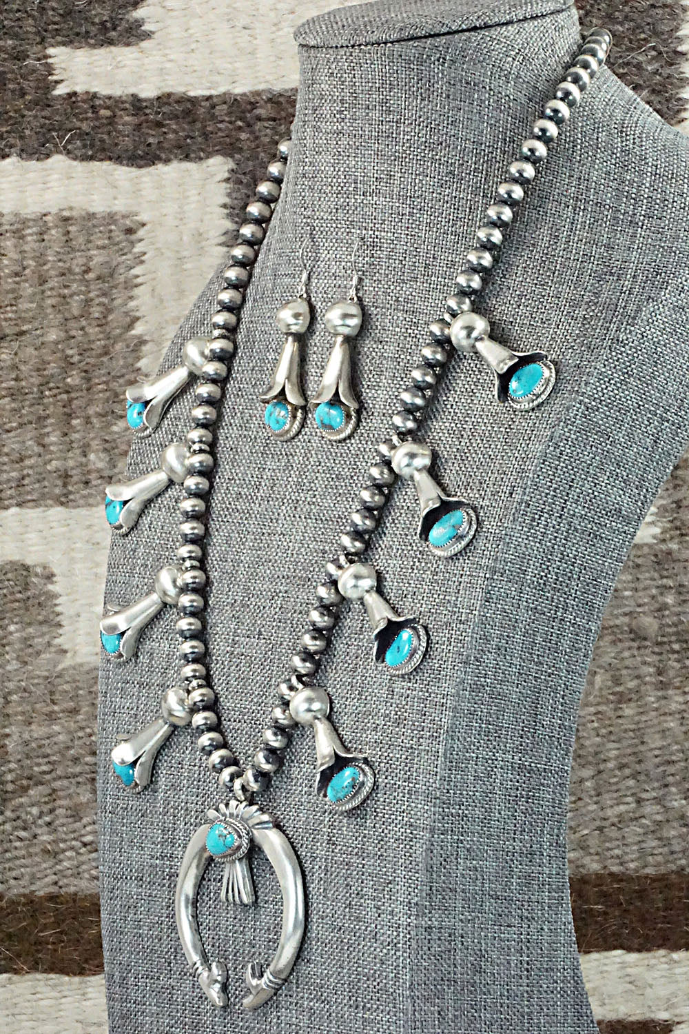 Turquoise & Sterling Silver Squash Blossom Necklace and Earrings - Derrick Gordon Jr.
