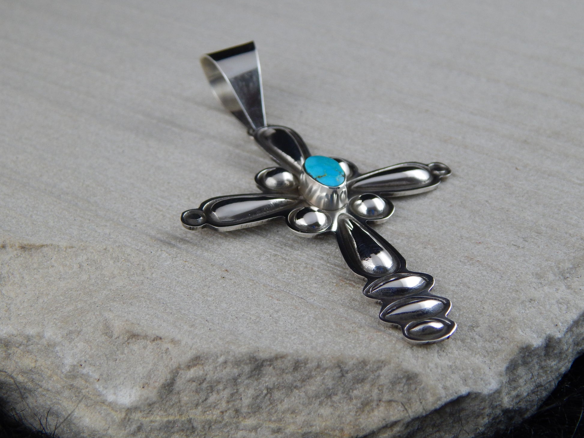 Navajo Turquoise & Sterling Silver Cross Pendant - Alex Sanchez - High Lonesome Trading