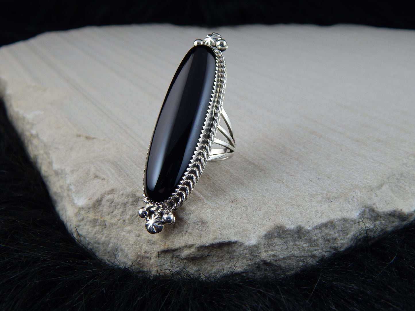 Navajo Onyx and Sterling Silver Ring - Alfred Martinez - High Lonesome Trading