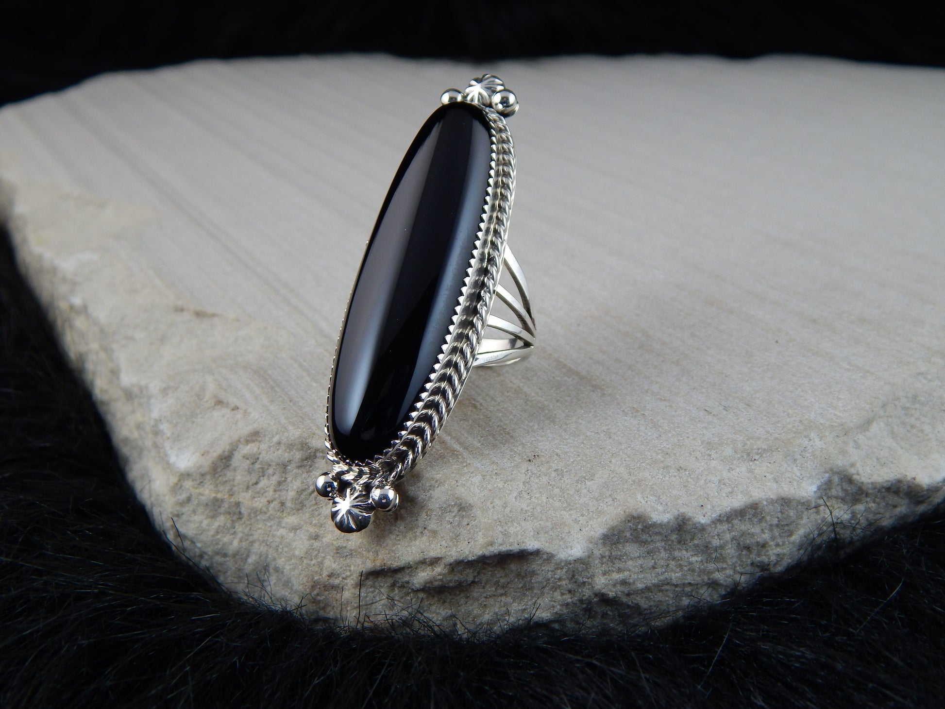 Navajo Onyx and Sterling Silver Ring - Alfred Martinez - High Lonesome Trading