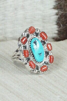 Turquoise & Coral Sterling Silver Ring - Roberta Begay - Size 5.5