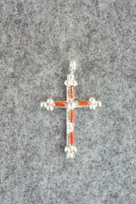 Coral & Sterling Silver Cross Pendant - Marshelle Qualo