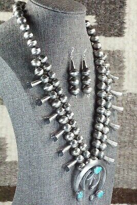 Turquoise & Sterling Silver Squash Blossom and Earrings - Gilbert Martin - High Lonesome Trading