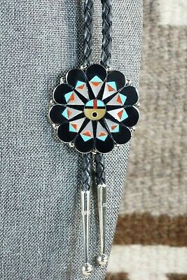 Zuni Inlay Turquoise & Sterling Silver Sunface Bolo Tie - Delwin Gasper