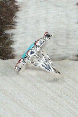 Turquoise & Coral Sterling Silver Ring - Roberta Begay - Size 5.5