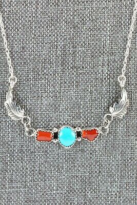 Navajo Turquoise, Coral & Sterling Silver Necklace - Verley Betone