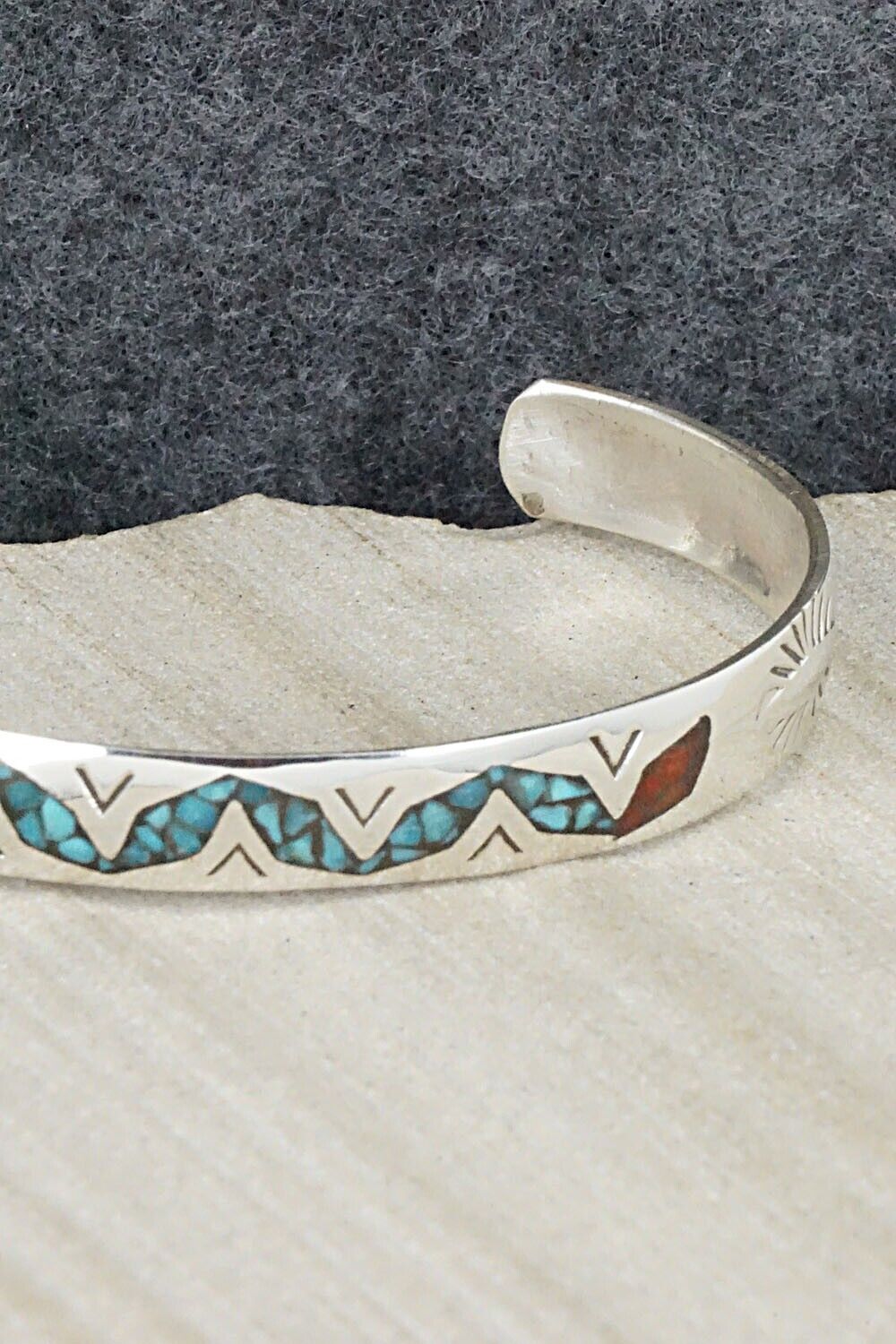 Turquoise, Coral Chip Inlay & Sterling Silver Bracelet - Jolene Yazzie
