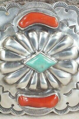 Turquoise, Coral & Sterling Silver Belt Buckle - Wallace Yazzie Jr - High Lonesome Trading