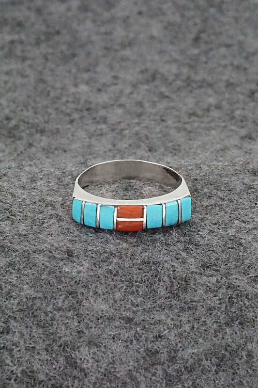Turquoise, Coral & Sterling Silver Inlay Ring - Verna Kanesta - Size 7