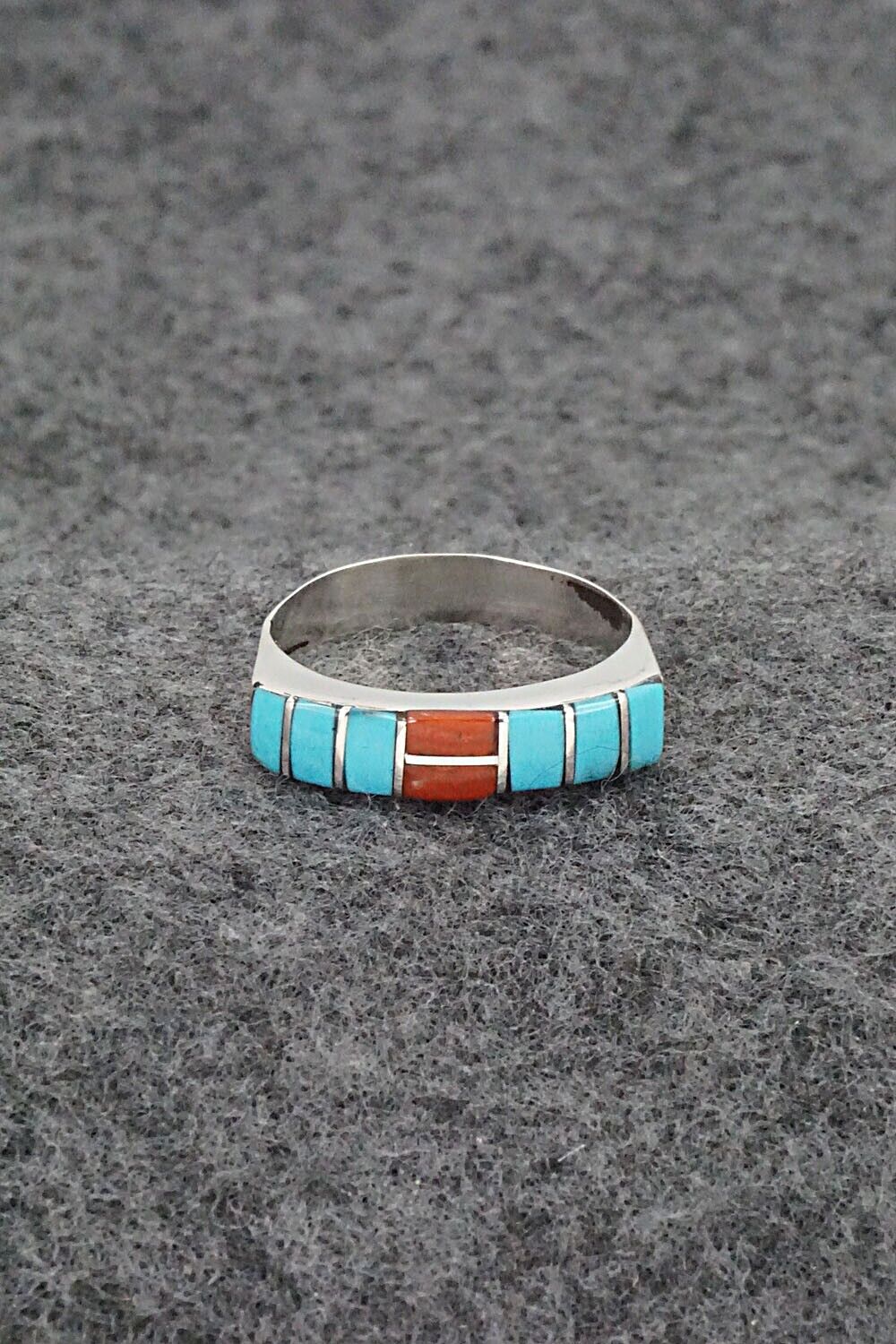 Turquoise, Coral & Sterling Silver Inlay Ring - Verna Kanesta - Size 7