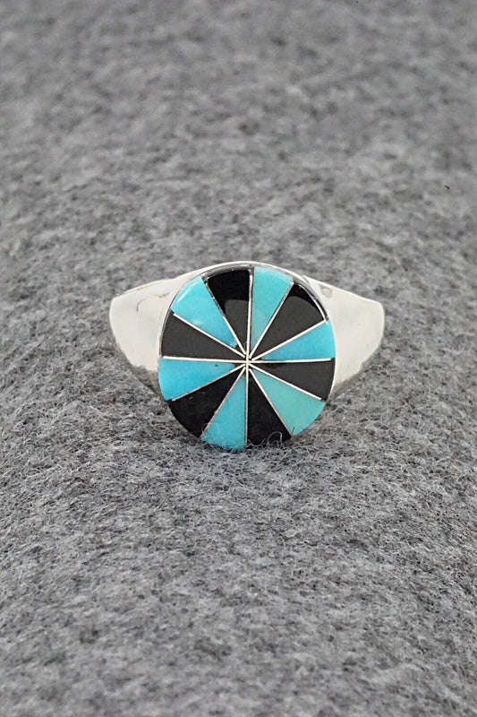 Turquoise, Onyx & Sterling Silver Ring - Johnson Laweka - Size 10.5