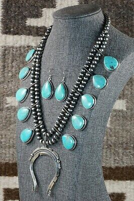 Navajo Turquoise & Sterling Silver Squash Blossom and Earrings - Tom Lewis - High Lonesome Trading