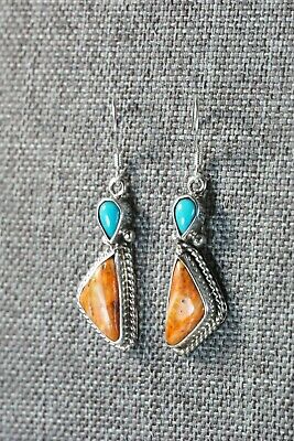 Navajo Turquoise & Spiny Oyster Sterling Silver Earrings - Gary Shorty