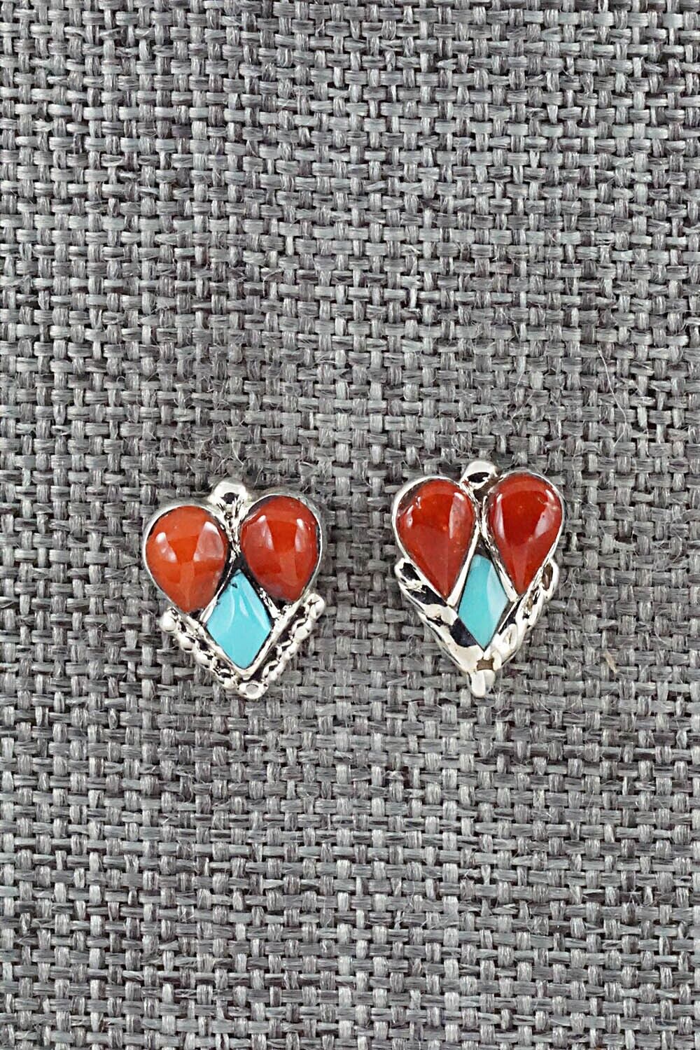 Turquoise, Coral & Sterling Silver Earrings - Vincent Hooee