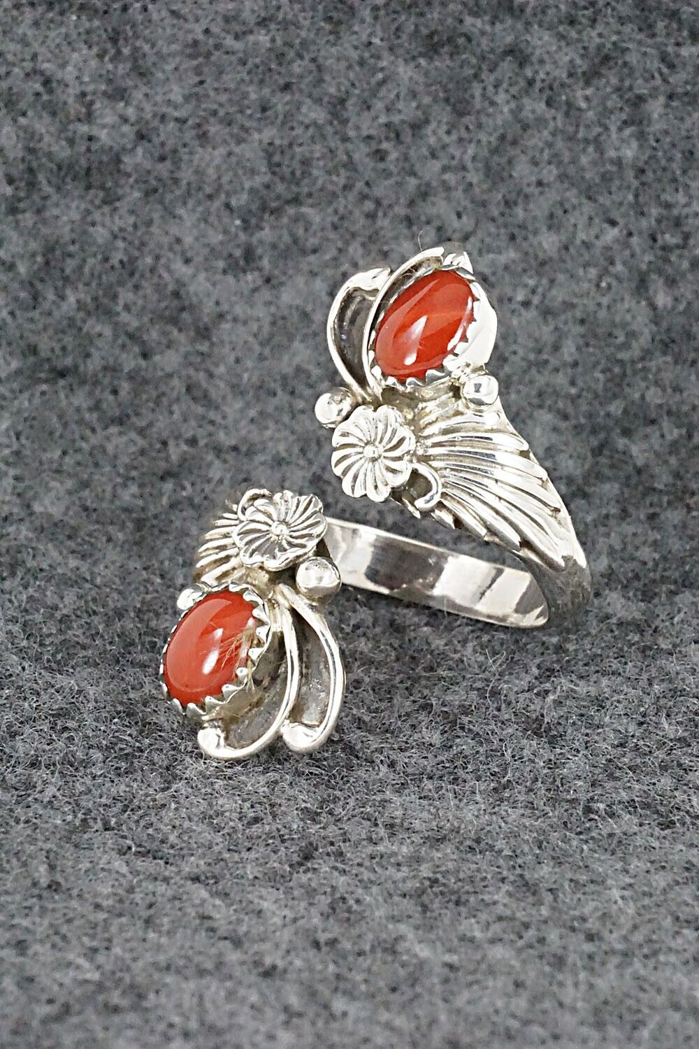 Coral and Sterling Silver Ring - Etta Belin - Size 6.5